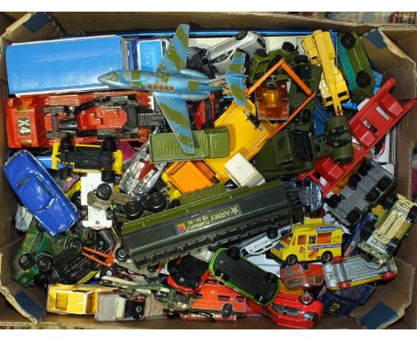 A quantity of play-worn diecast vehicles, mainly Corgi and Matchbox, a scratch-built garage, fort and building blocks set.