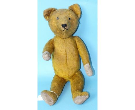 A vintage teddy bear with golden mohair plush, horizontally-stitched nose, glass eyes, straight limbs with replacement pads, 