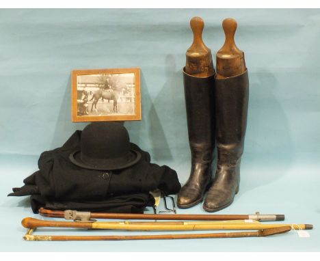A hunting bowler hat by Tress &amp; Co. Ltd for Moss Bros &amp; Co. Ltd, a pair of riding boots, (size 5½ approximately), wit