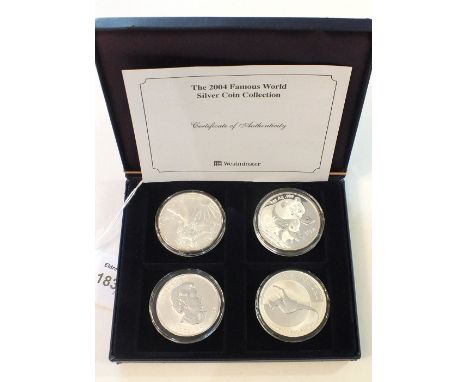 A Westminster Mint 2004 Famous World silver coin collection consisting of four 1 Troy ounce coins: United States Eagle, Austr