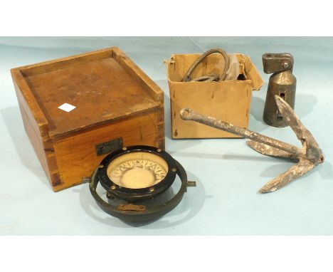 An Iver C Weilbach ship's compass numbered 3241, 13cm, on gimbal frame, in wood case, an anchor and other items.