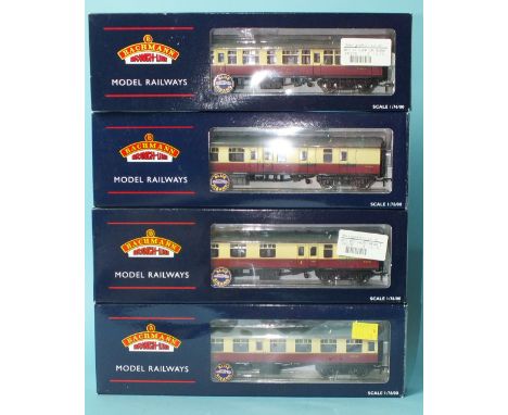 Bachmann OO gauge, four boxed BR crimson/cream coaches: 39-027D, 39-077C, 39-127B and 39227B.