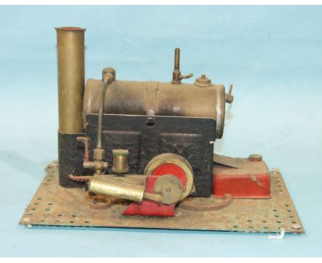 A Bowman Models spirit-fired stationary steam engine, with horizontal boiler, single cylinder and burner, base 15.5 x 24cm.