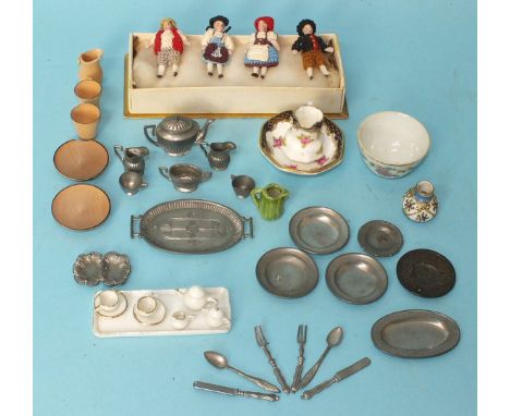 A collection of Edwardian doll's house crockery, cutlery, etc, including metal and china tea sets, a Crown Staffordshire mini