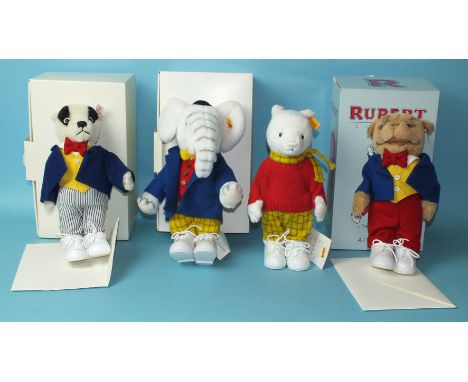 Steiff Rupert Bear Classics: Rupert Bear with tags, (no box), Bill Badger, boxed with certificate no.424, Edward Trunk, boxed