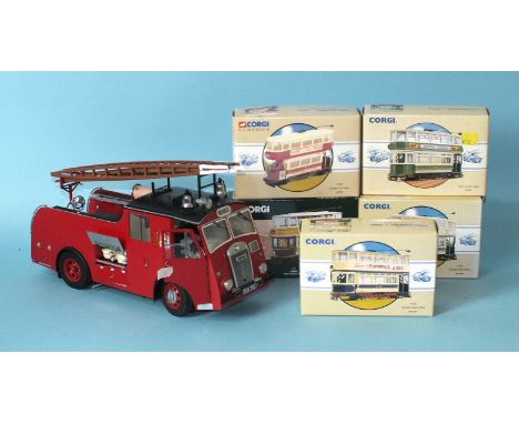 An Original Classic City of Leeds large-scale diecast Dennis F8 Fire Engine, (a/f) and five boxed Corgi trams, no.s 36707, 97