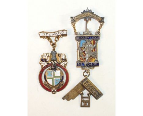 A Masonic gilt metal and enamel PM breast jewel for Mercury Lodge no.5400, 1958-59, in case, (small damage to enamel) and a g