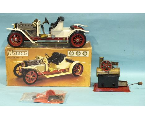 Mamod, SA1 Steam Roadster, boxed, (has been steamed) and an MN2 Stationary Steam Engine, (no box), (a/f).