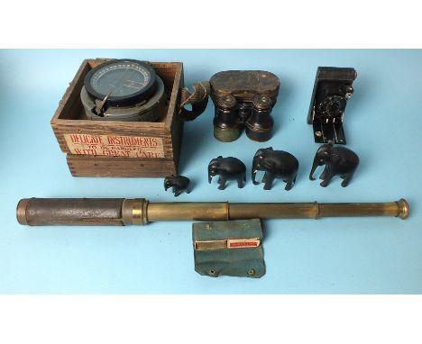 A WWII compass, type P.1L, no.363498, in wooden box, a three-drawer brass telescope and other items.