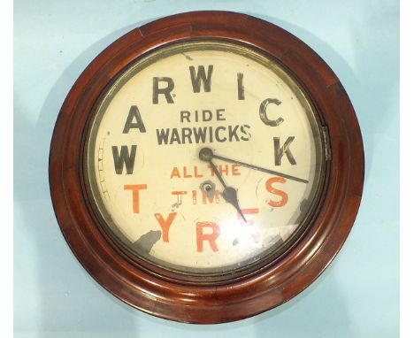 A circular mahogany cased advertising wall clock, the dial marked Warwick Tyres, Ride Warwicks All The Time with simple clock