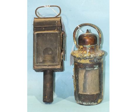 A 19th century Cornish miner's lamp, (pre-safety lamp), of copper, vented at top below domed cover, impressed "Wheal Bush, To