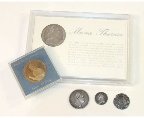 An Elizabeth I hammered silver 1575 sixpence, a George II 1757 sixpence, a William IV 1834 half-crown, a Maria Theresa thaler