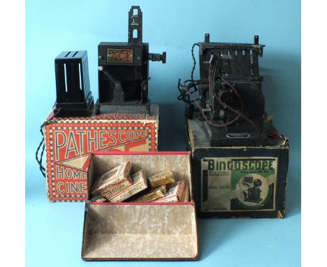 A Bingoscope Model C4 home cinema projector, boxed, a Pathéscope Ace home cinema projector, boxed and a quantity of Pathéscop