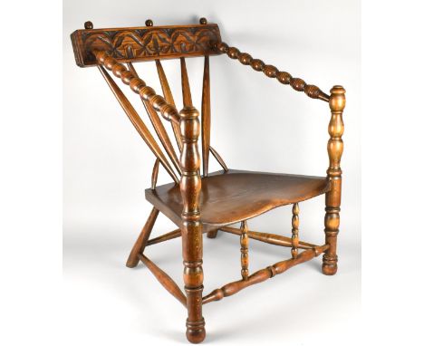 A Low Seated Armchair with Bobbin and Turned Supports Having Fan Back to Carved Bar Back, Stamped 28 94, 53x54x72cm