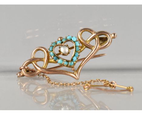 A Late 19th/Early 20th Century 9ct Rose Gold, Pearl and Turquoise Brooch, Central Claw Set Pearl (2.3x2.0mm Approx) Set on Kn