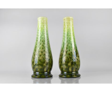 A Pair of Early 20th Century Burmantofts Faience Pottery Vase of Tapering Cylindrical Form in Green Glaze with Repeating Desi