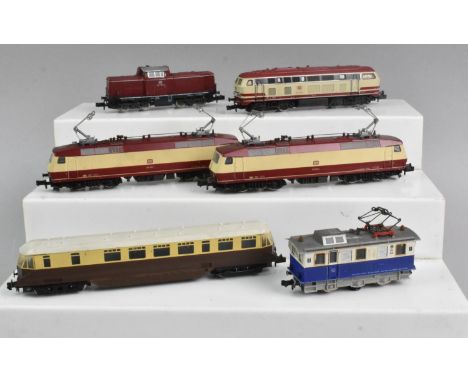 A Collection of Six Unboxed N Gauge Continental Locomotives, Three with Pantographs, To Include Graham Farish GWR Railcar