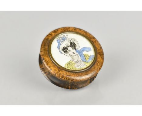 A 19th Century Burrwood Snuff Box, the Cover with Portrait of Maiden Under Glass, the Inner with Horn Lining, 6cm Diameter