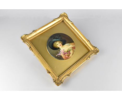 An Early 20th Century Paragon Circular Porcelain Plaque, C.1900, Hand Painted with Portrait of Young Maiden in Green Hat Hold