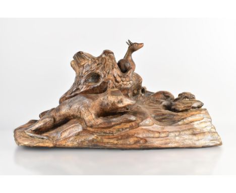 A 19th Century Carved Linden-wood Folk Art Group of a Fox Stalking Two Deer, Probably Black Forest, 45x20x25cm high