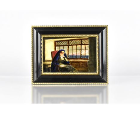 An Early 20th Century Mintons Hand Painted Tile, Maiden in Blue&nbsp;Veil Dressed in Black Seated Pensively Beside Window Out