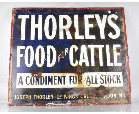 An Early 20th Century Enamel Thorley's Sign, 'Thorley's Food For Cattle' 70x81.5cm White Stencil Text on Blue Ground With Red