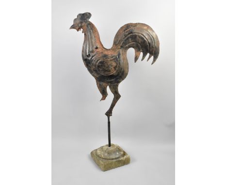 An Early 20th Century Folk Art Weathervane Cockerel, Full-bodied Sheet Metal Construction, with Traces of Old Paint, Supporte