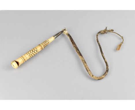 A Georgian Beagling Combination Whip and Whistle with Plated Shaft and Plaited Leather Thong to Carved Bone Handle Measuring 