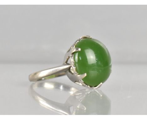 A Vintage 18ct White Gold and Green Stone Ring, Possibly Nephrite Jade, Circular Cabochon Stone Measuring 10.5mm Diameter, He