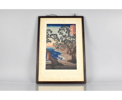 A Double Sided Oriental Hardwood Glazed Frame Housing to One Side Japanese Utagawa Hiroshige (1797-1858) Woodblock Print, "Ha