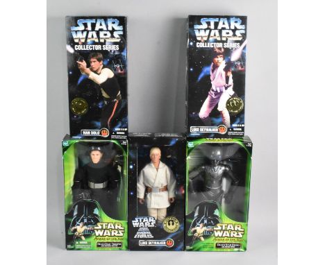Three Boxed Kenner Star Wars Collectors Series Figures, Han Solo and Luke Skywalker (x2), Together with Two Boxed Hasbro Powe