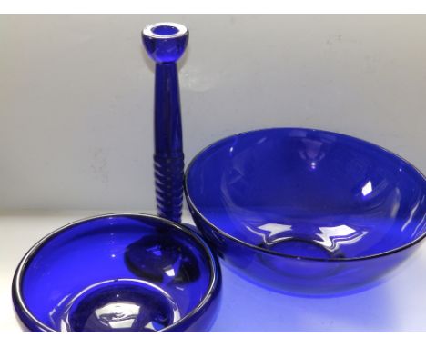 A Bristol blue glass bowl, 10" diameter, another, smaller and a 10" candlestick. (3)