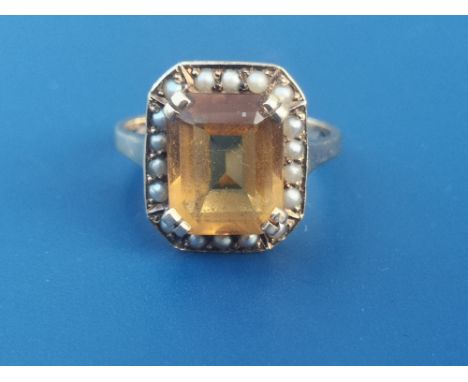 A citrine &amp; pearl rectangular cluster ring on 14K shank.  Finger size K.