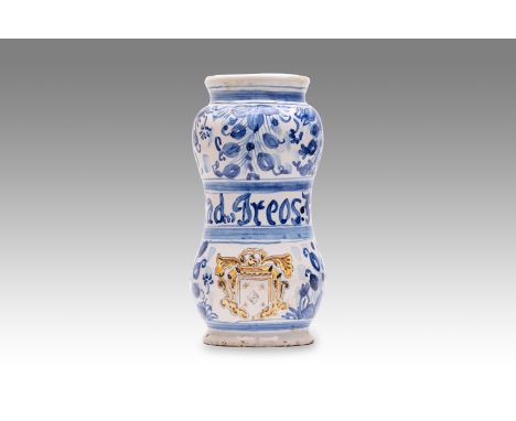 19th century | height: 23 cm | country: Spain | condition: good | provenance: private pharmacy museum | Albarello faience pot