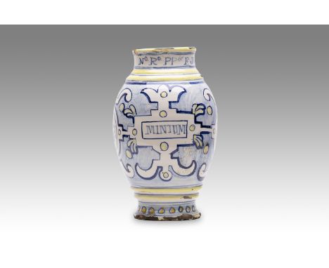 18th century | height: 28 cm | country: Spain | condition: minor dents | provenance: private pharmacy museum | Albarello faie