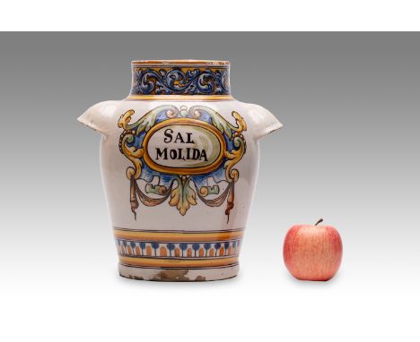 18th century | height: 27 cm | country: Spain | condition: minor dents | provenance: private pharmacy museum | Albarello faie