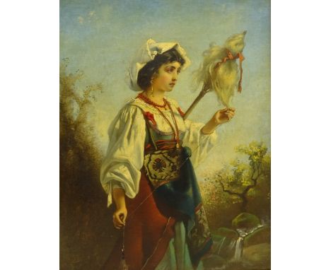 Anton Romako (Austrian 1832-1889): Country Girls Teasing Wool and Holding a Flower, pair oils on canvas unsigned, Knightsbrid