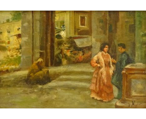 Vincenzo Migliaro (Italian 1858-1938): Figures in a Piazza, oil sketch on panel signed, inscribed verso 13cm x 19cm Condition