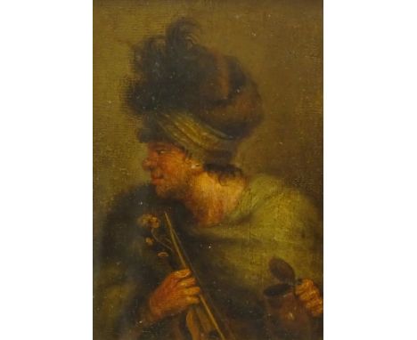 Dutch School (17th/18th century): Half length Portrait of a Violinist, oil on oak panel unsigned 17cm x 12cm