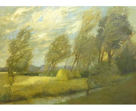 Dorothy M Treweeks (20th century): Haystack by the Riverside,oil on canvas signed 53cm x71cm