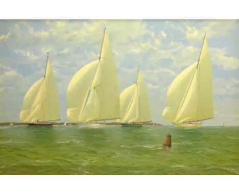 Michael J Whitehand (British 1941-): 'Velsheda Shamrock and Candida Racing in the Solent in a Light Breeze', oil on canvas si
