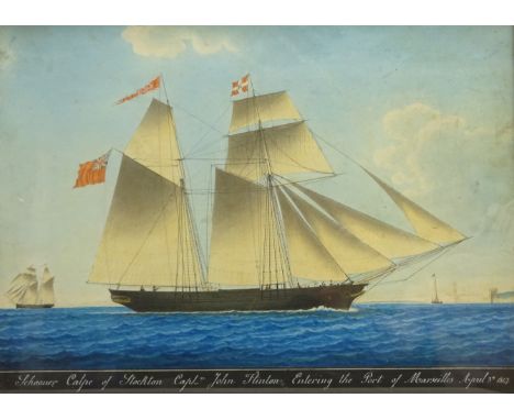 Honoré Pellegrini (French 1793-1869): Ship's Portrait - 'Schooner Calpe of Stockton Capt. John Flinton Entering the Port of M