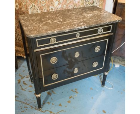 COMMODE, French Directoire design, ebonised and silvered metal mounted, with three long drawers and fluted supports, 84cm W x