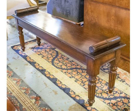 HALL BENCH, Regency design mahogany, rectangular, with bolster handles and reeded supports, 132cm x 33cm D x 54cm H.