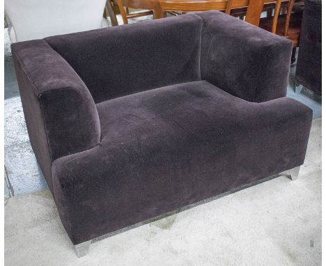 ARMCHAIR / SOFA, purple velvet upholstered of square form with metal bracket supports, 123cm W.