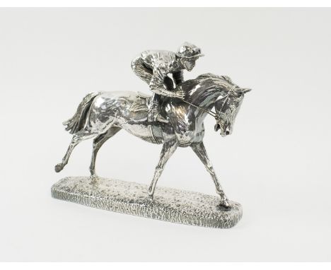SILVER HORSE AND JOCKEY SCULPTURE, 'first part the post' Sheffield 1999, 26cm L x 21cm H max.