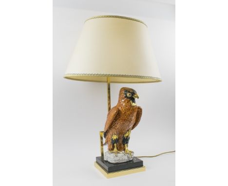 'FALCON' CERAMIC TABLE LAMP, on plinth with gold turned metal supports, plus shade, 81cm H  overall. (with faults)