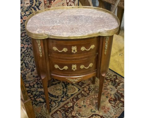 PETITE COMMODE, early 20th century French mahogany, line inlaid and brass mounted, with shaped marble top above two drawers, 