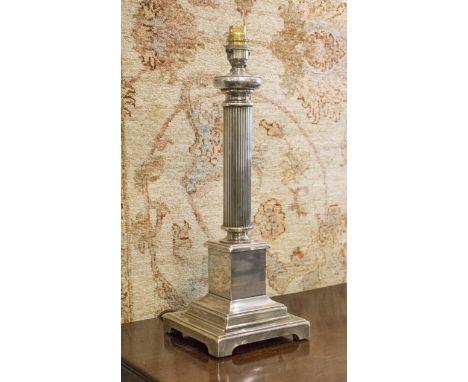 LAMP BASES, a pair, silvered metal, each with reeded column and stepped plinth bases, 44cm H x 16cm W. (2)