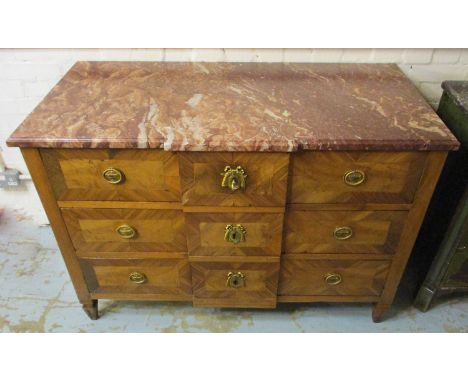 COMMODE, late 18th century Italian walnut and fruitwood with a breakfront marble top over three long drawers, 127cm W x 86cm 